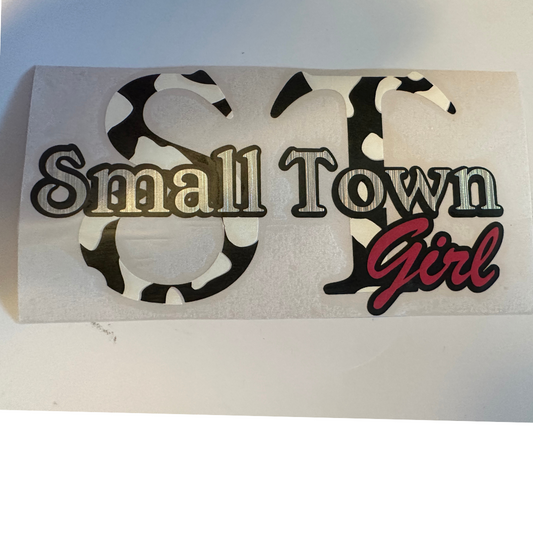 Small town girl cow print car decal