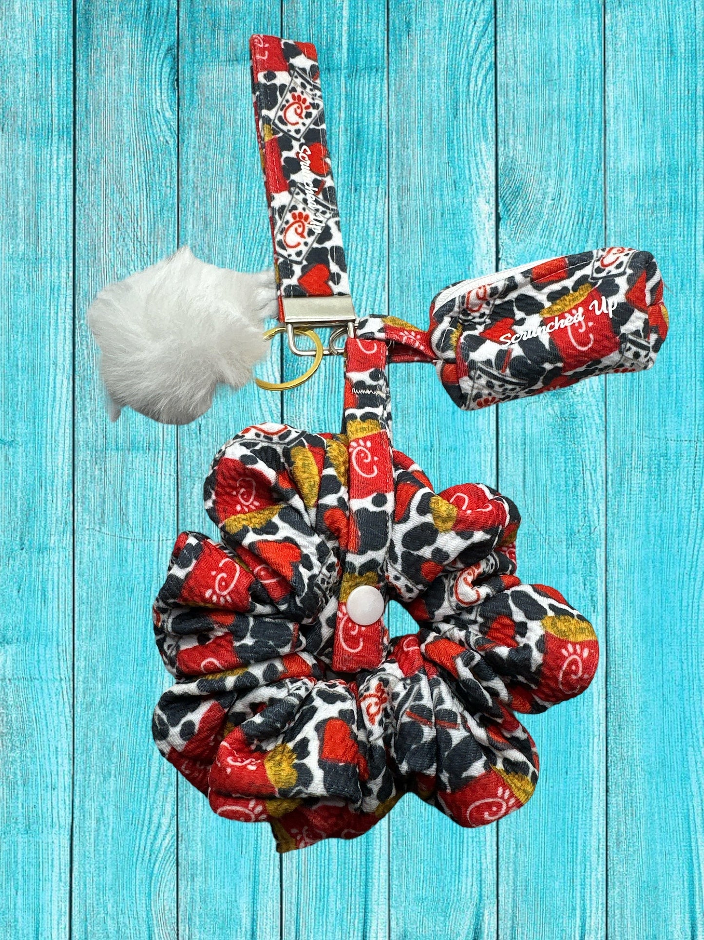 Chick-fil-A Liverpool fabric keychain with detachable scrunchie