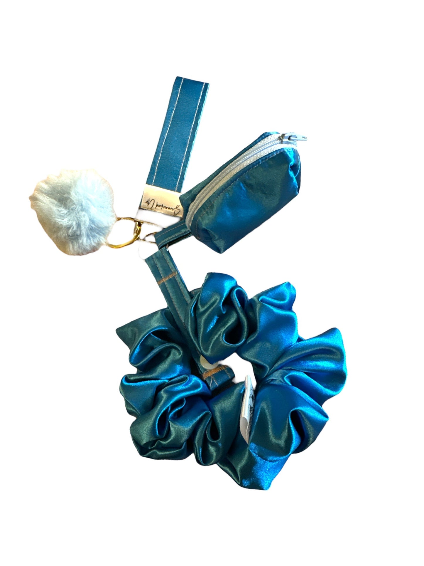 Blue satin keychain with detachable scrunchie