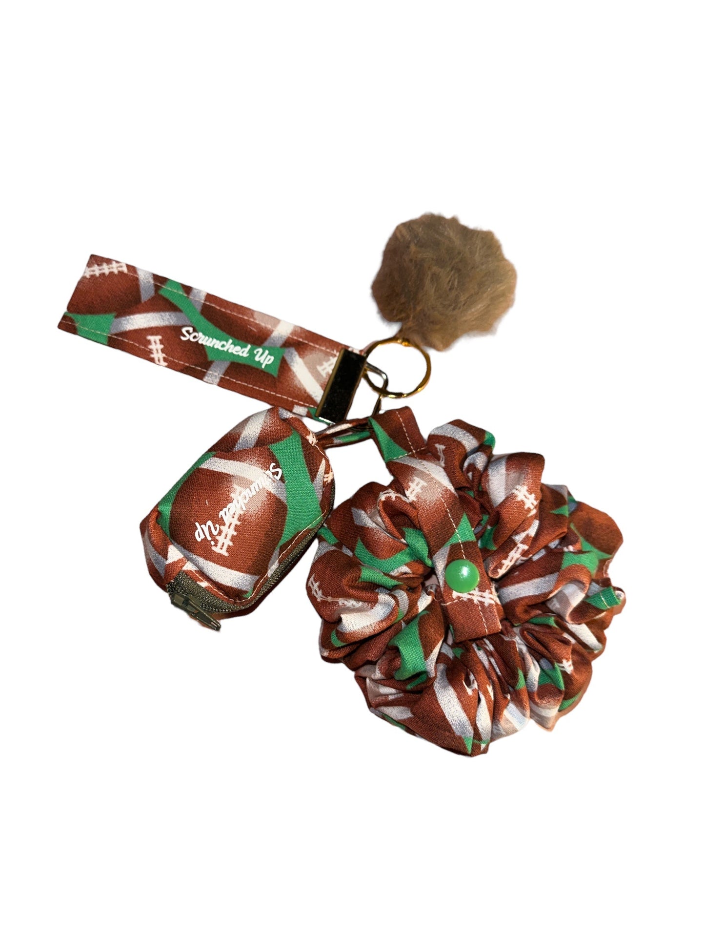 Game day football keychain with detachable scrunchie